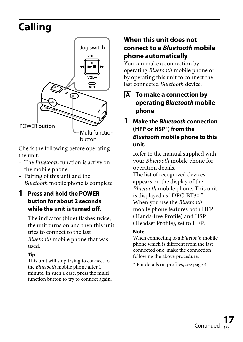 Calling | Sony DRC-BT30 User Manual | Page 17 / 56
