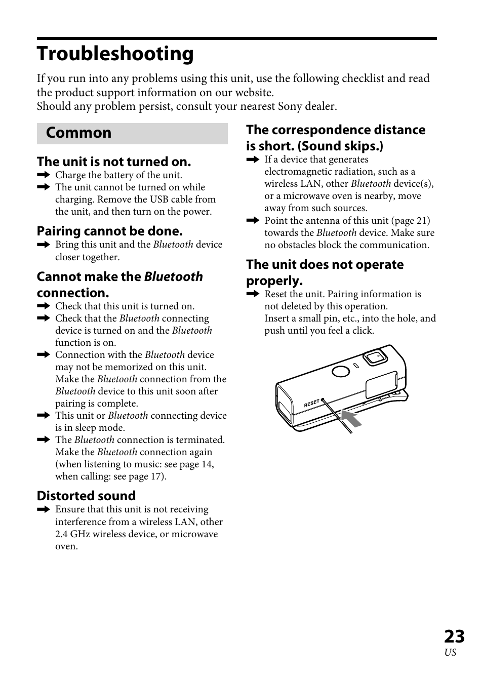 Troubleshooting, Common, The unit is not turned on | Pairing cannot be done, Cannot make the bluetooth connection, Distorted sound, The unit does not operate properly | Sony DRC-BT30 User Manual | Page 23 / 56