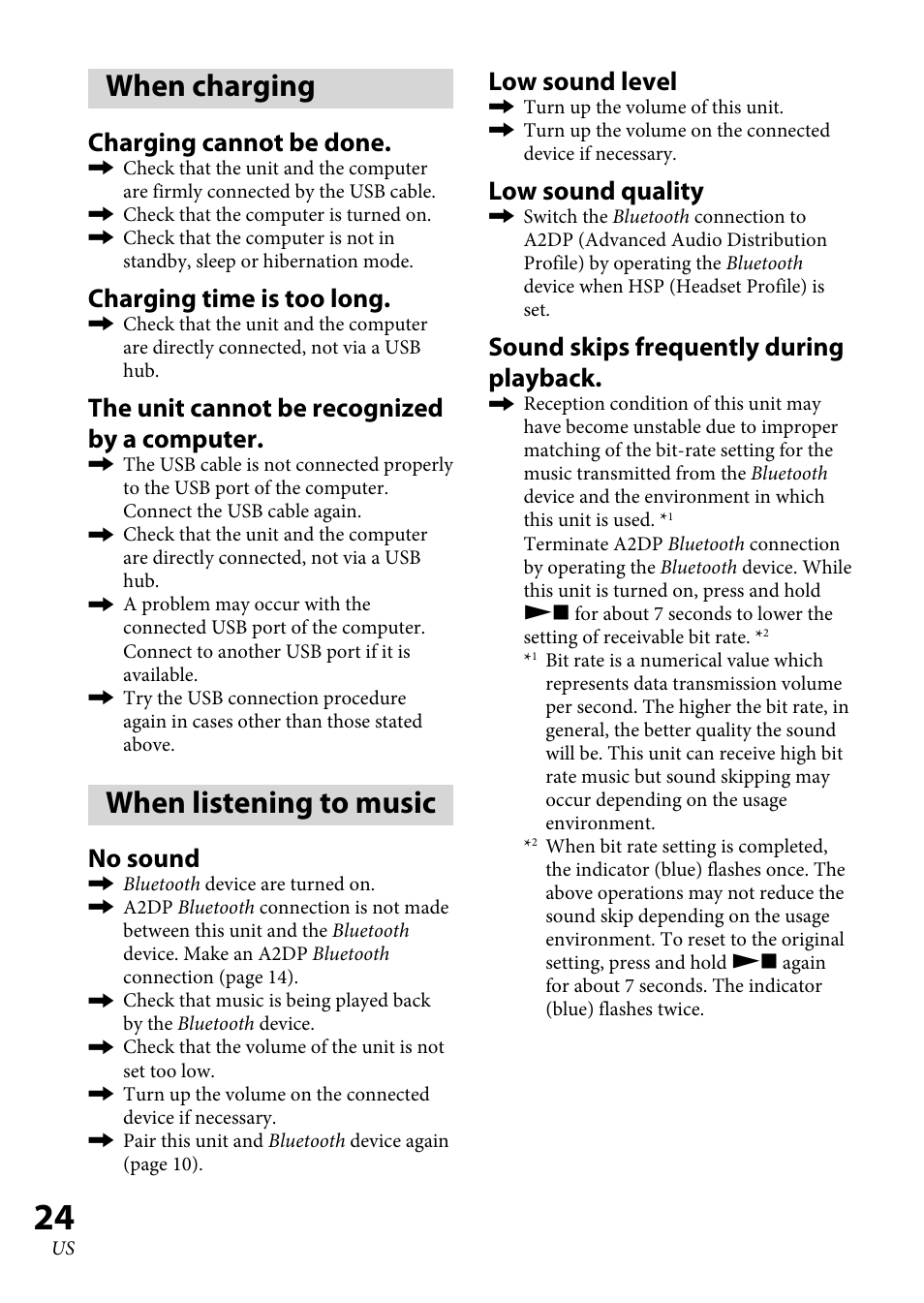 When charging, When listening to music, Charging cannot be done | Charging time is too long, The unit cannot be recognized by a computer, No sound, Low sound level, Low sound quality, Sound skips frequently during playback | Sony DRC-BT30 User Manual | Page 24 / 56