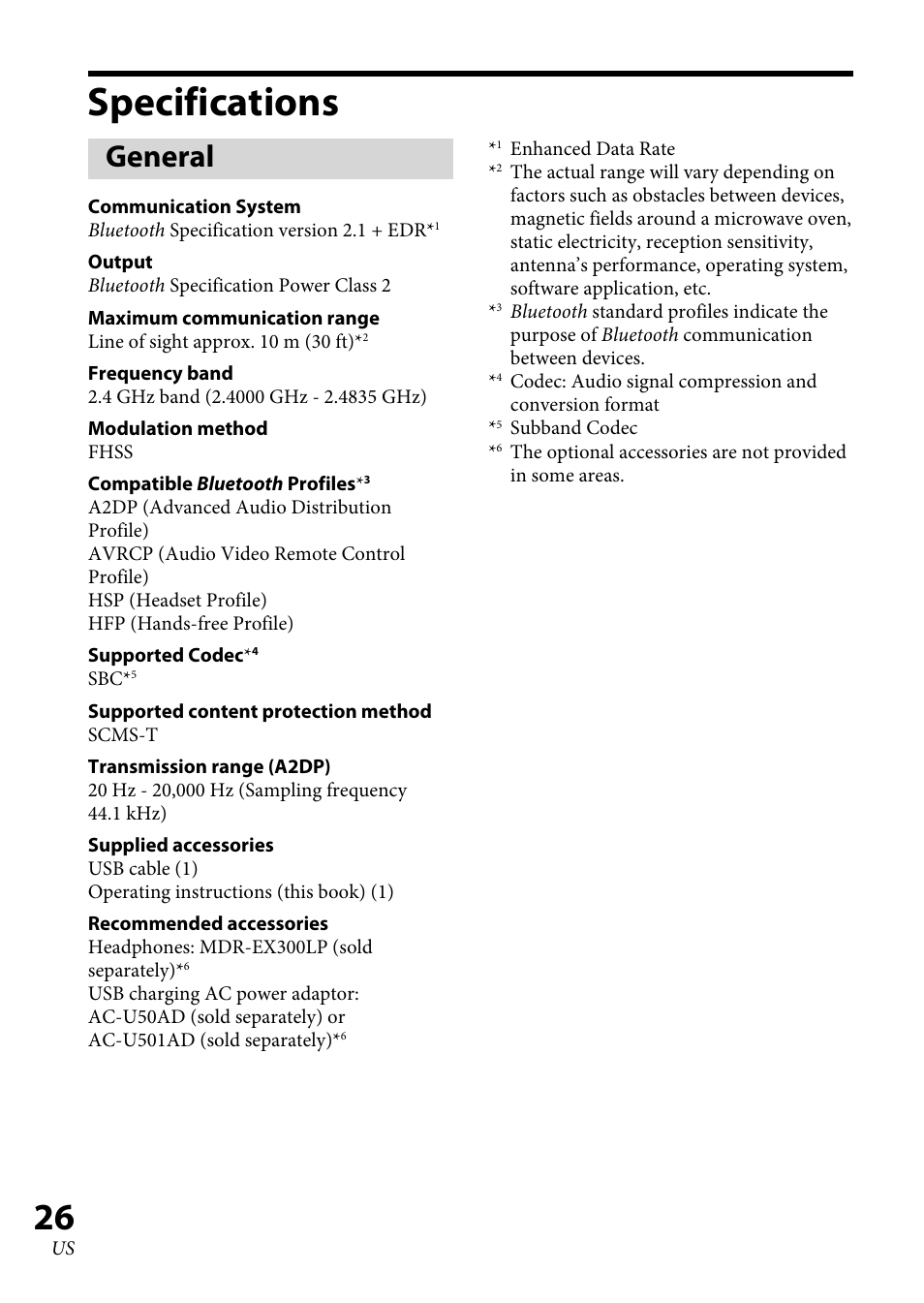 Specifications, General, Specifications ........................ 6 | Sony DRC-BT30 User Manual | Page 26 / 56