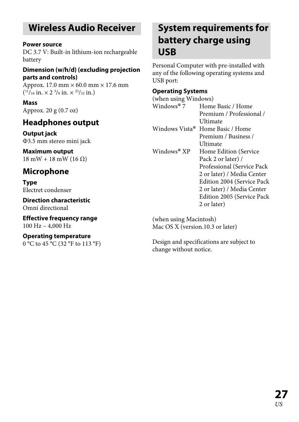 Wireless audio receiver, System requirements for battery charge using usb, System requirements for battery | Charge using usb, Headphones output, Microphone | Sony DRC-BT30 User Manual | Page 27 / 56