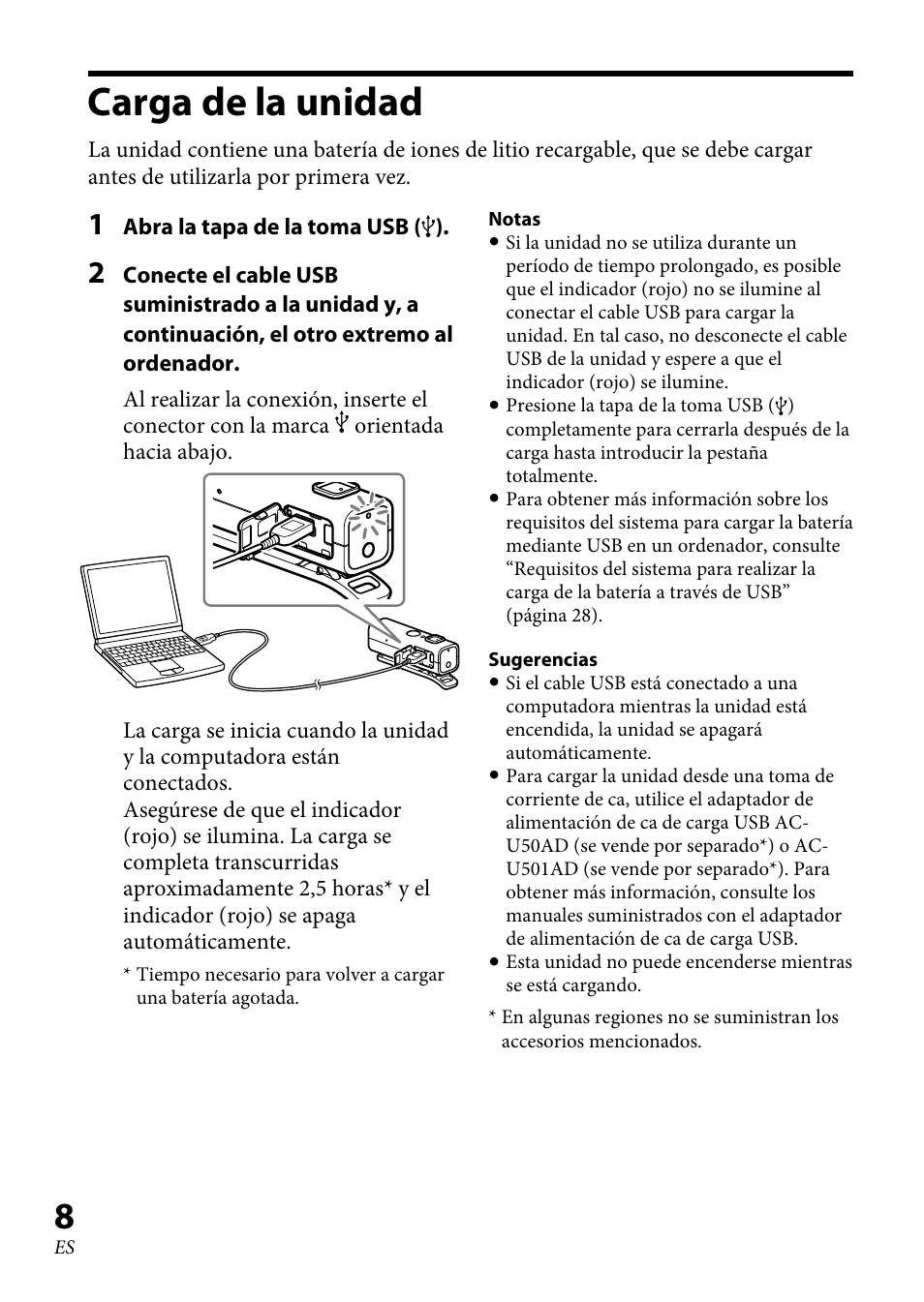 Carga de la unidad | Sony DRC-BT30 User Manual | Page 34 / 56