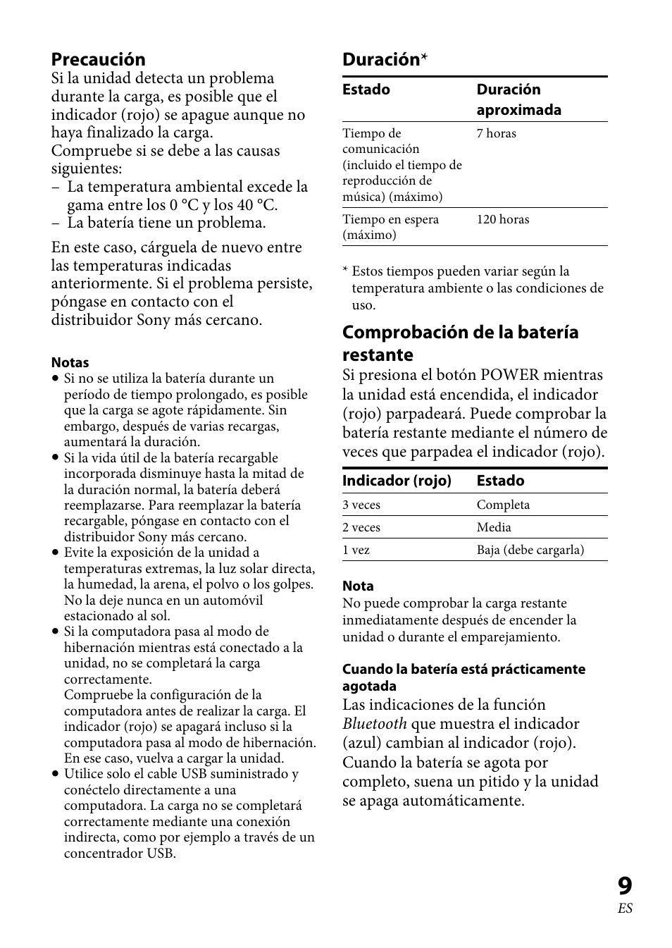 Precaución, Duración, Comprobación de la batería restante | Sony DRC-BT30 User Manual | Page 35 / 56