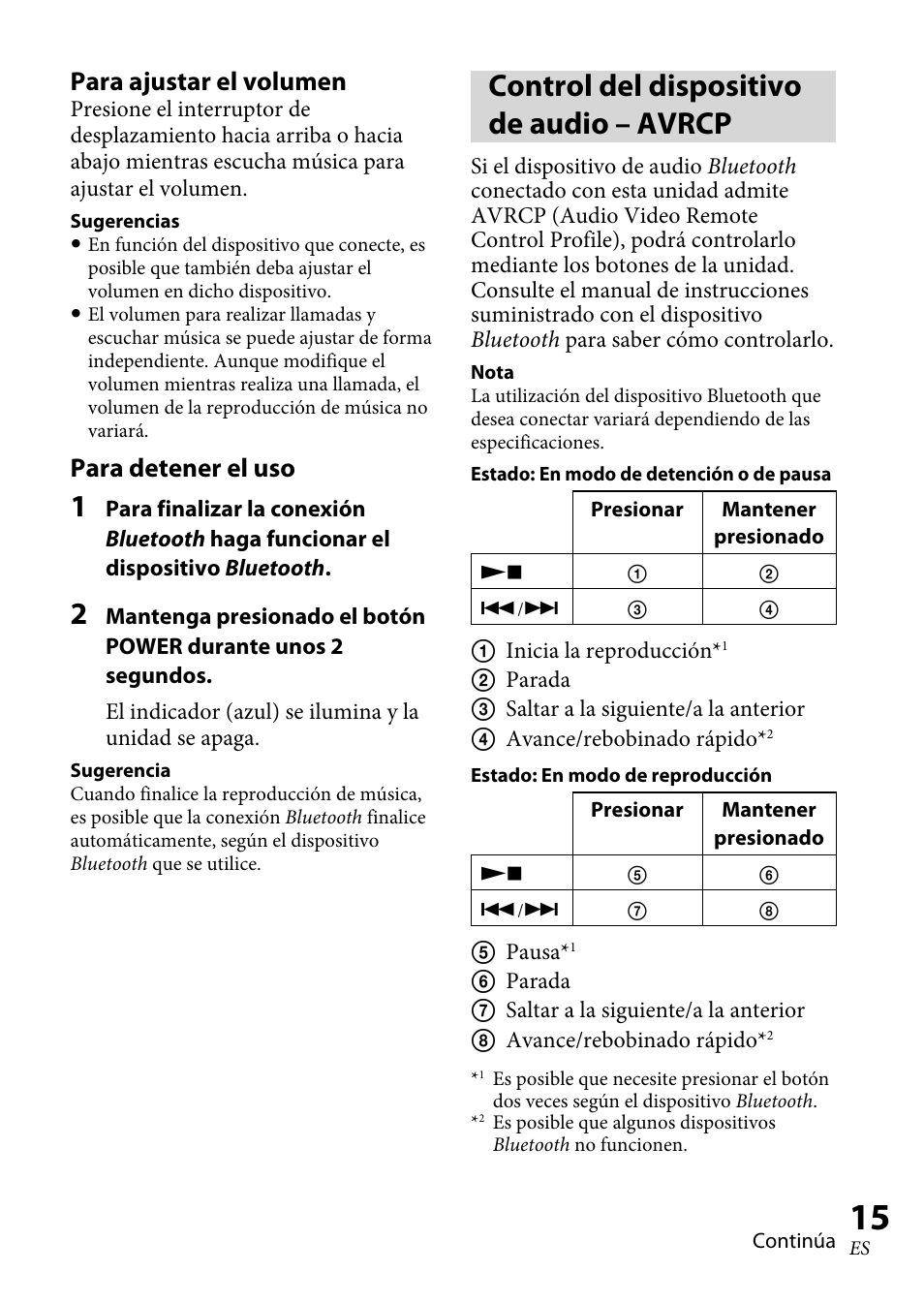 Control del dispositivo de audio – avrcp, Control del dispositivo de audio, Avrcp | Para ajustar el volumen, Para detener el uso | Sony DRC-BT30 User Manual | Page 41 / 56