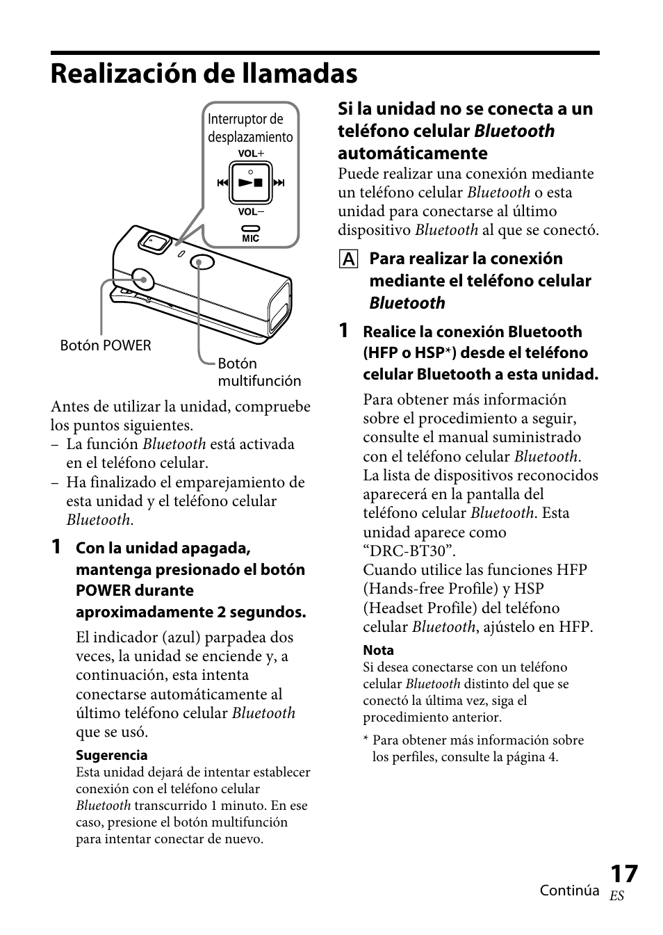 Realización de llamadas | Sony DRC-BT30 User Manual | Page 43 / 56