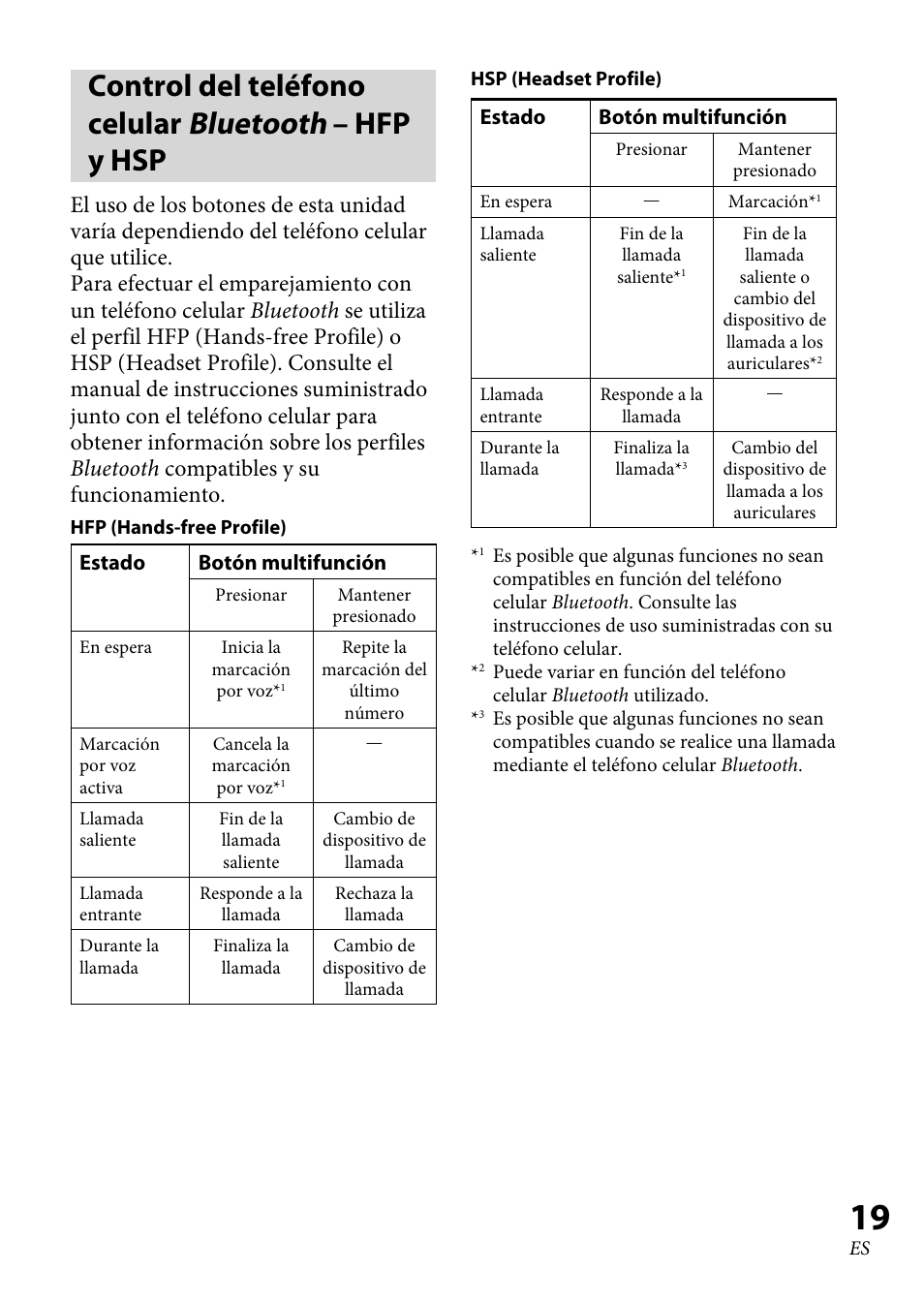 Control del teléfono celular bluetooth – hfp y hsp, Control del teléfono celular, Bluetooth | Hfp y hsp | Sony DRC-BT30 User Manual | Page 45 / 56
