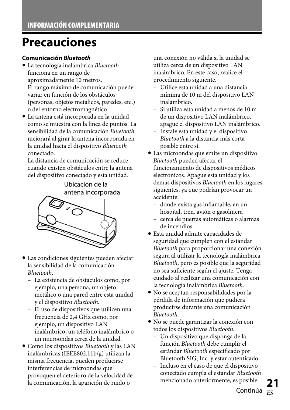 Precauciones, Precauciones ......................... 1, Información complementaria | Sony DRC-BT30 User Manual | Page 47 / 56