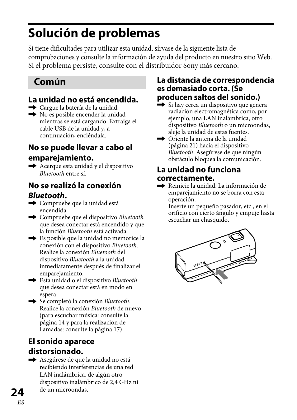 Solución de problemas, Común, Solución de problemas ........ 4 | La unidad no está encendida, No se puede llevar a cabo el emparejamiento, No se realizó la conexión bluetooth, El sonido aparece distorsionado, La unidad no funciona correctamente | Sony DRC-BT30 User Manual | Page 50 / 56