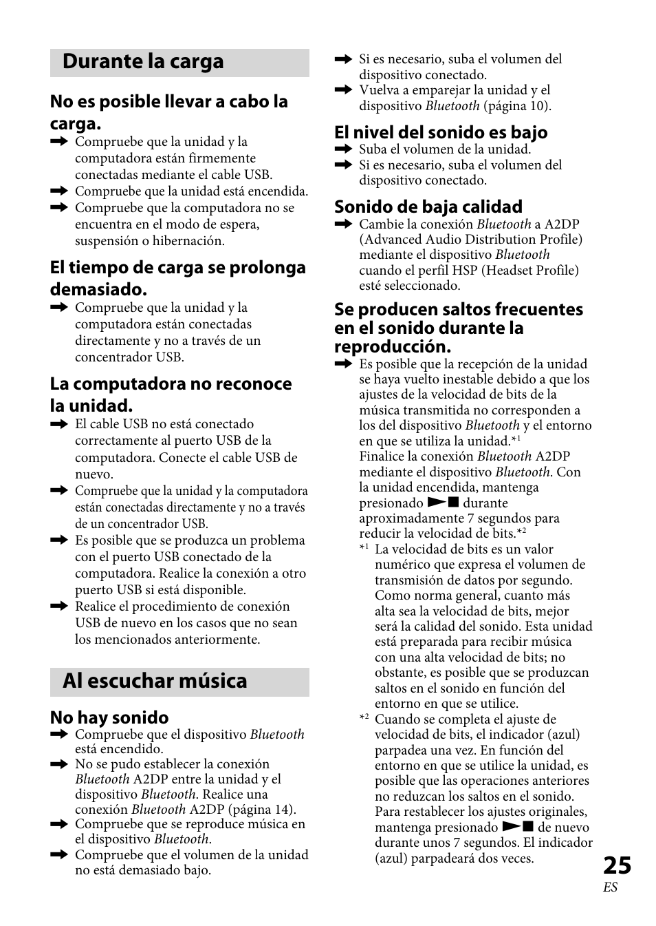 Durante la carga, Al escuchar música, No es posible llevar a cabo la carga | El tiempo de carga se prolonga demasiado, La computadora no reconoce la unidad, No hay sonido, El nivel del sonido es bajo, Sonido de baja calidad | Sony DRC-BT30 User Manual | Page 51 / 56