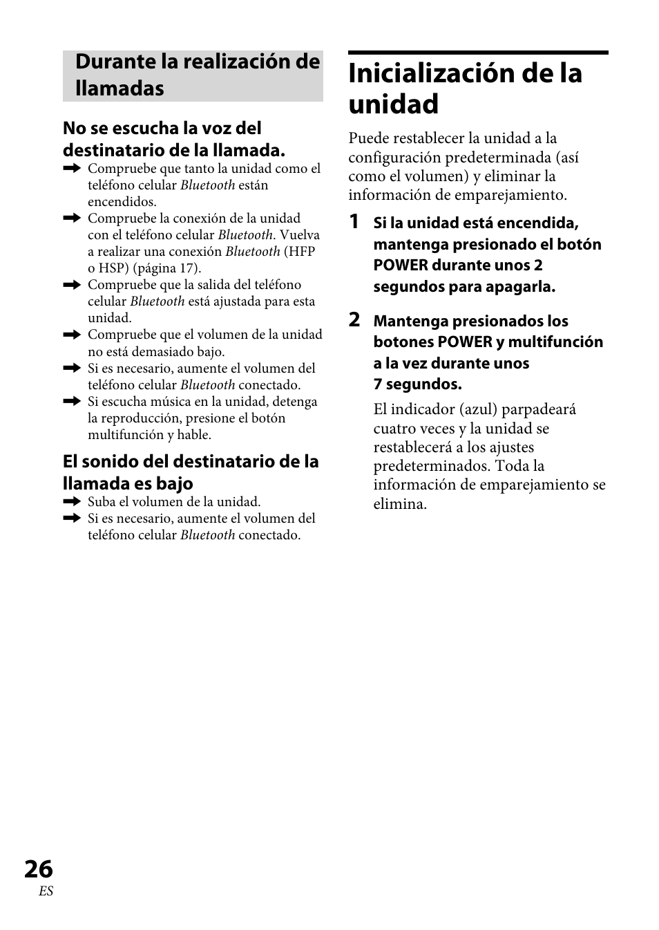 Durante la realización de llamadas, Inicialización de la unidad, Durante la realización de | Llamadas, Inicialización de la, Unidad ............................... 6 | Sony DRC-BT30 User Manual | Page 52 / 56
