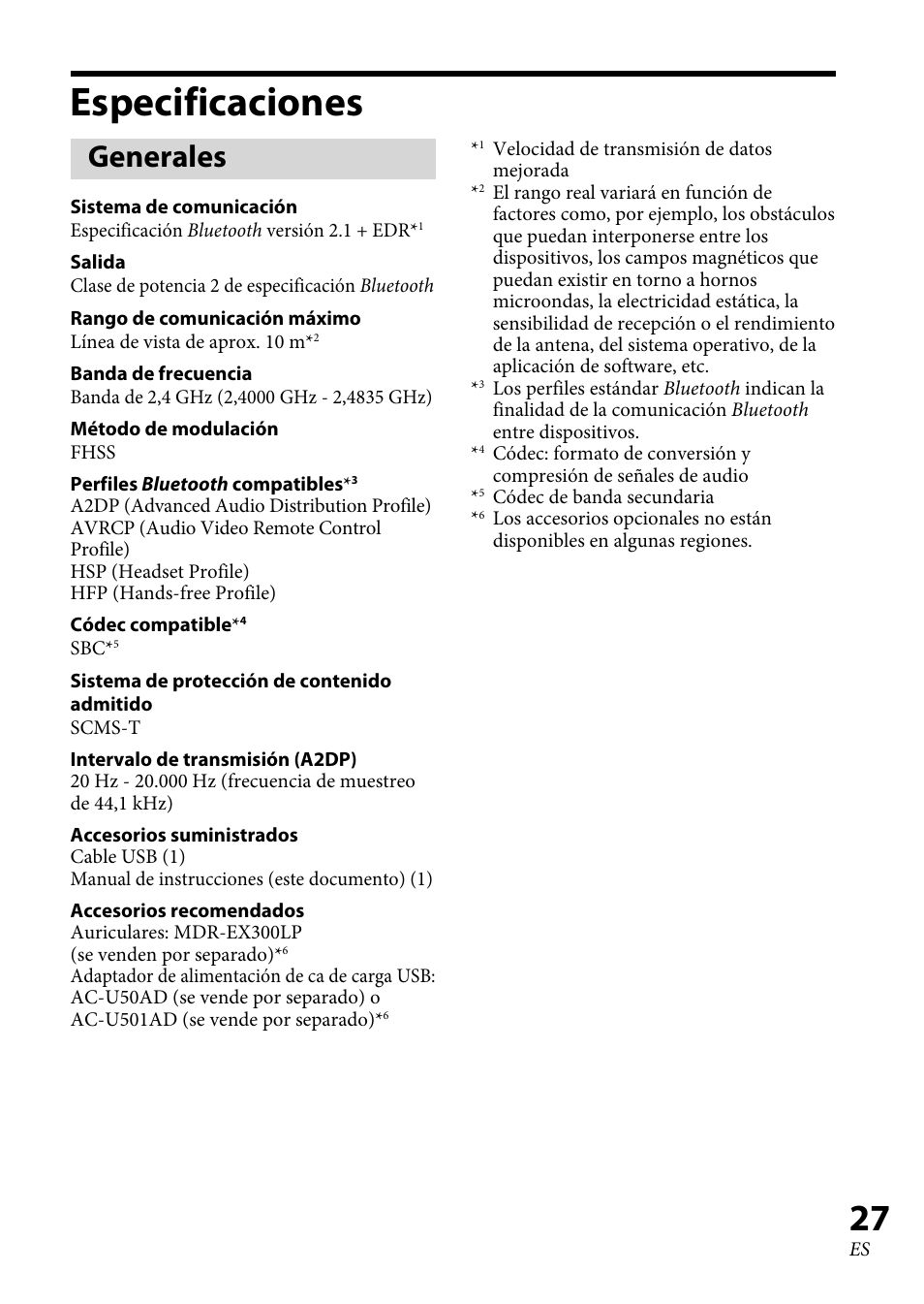 Especificaciones, Generales, Especificaciones .................... 7 | Sony DRC-BT30 User Manual | Page 53 / 56