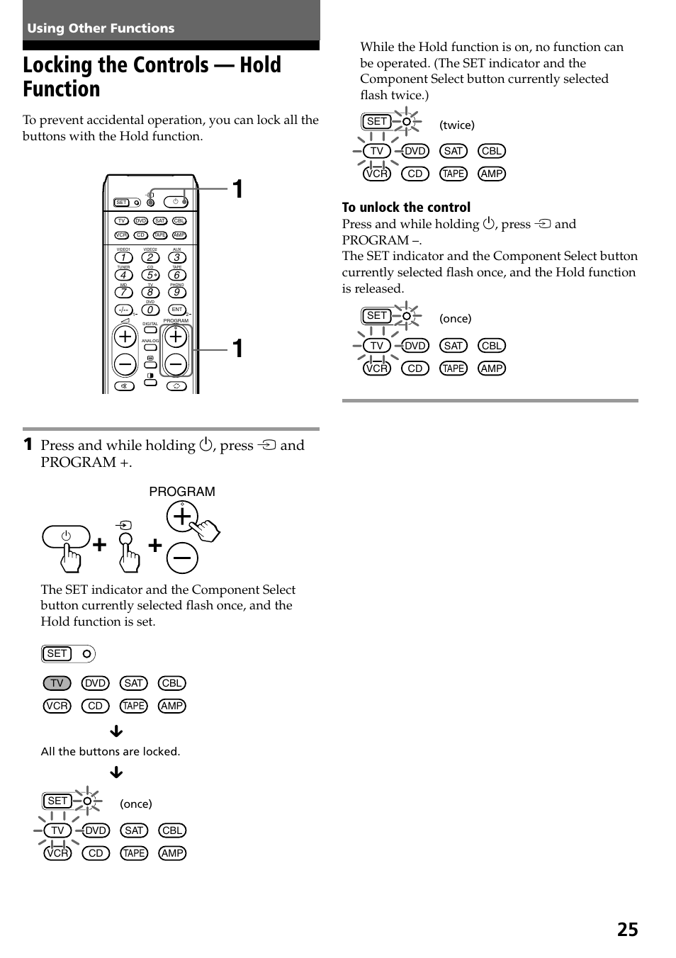 Using other functions, Locking the controls — hold function, Press and while holding 1, press t and program | Program | Sony RM-VL600T User Manual | Page 25 / 36