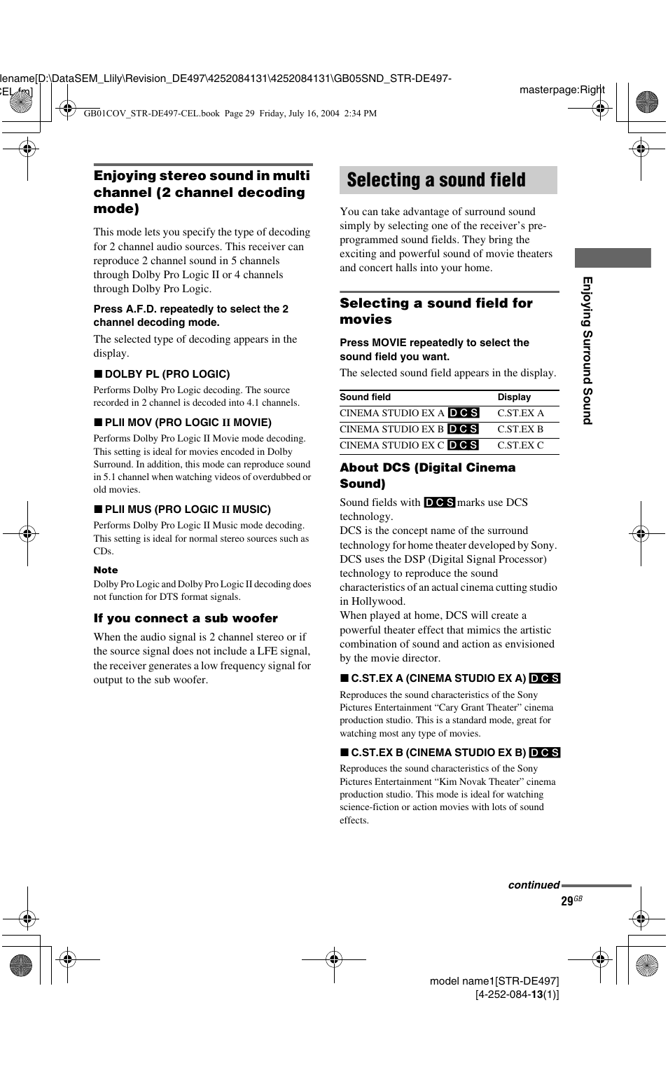 Selecting a sound field, Selecting a sound field for movies | Sony STR-DE497 User Manual | Page 29 / 51