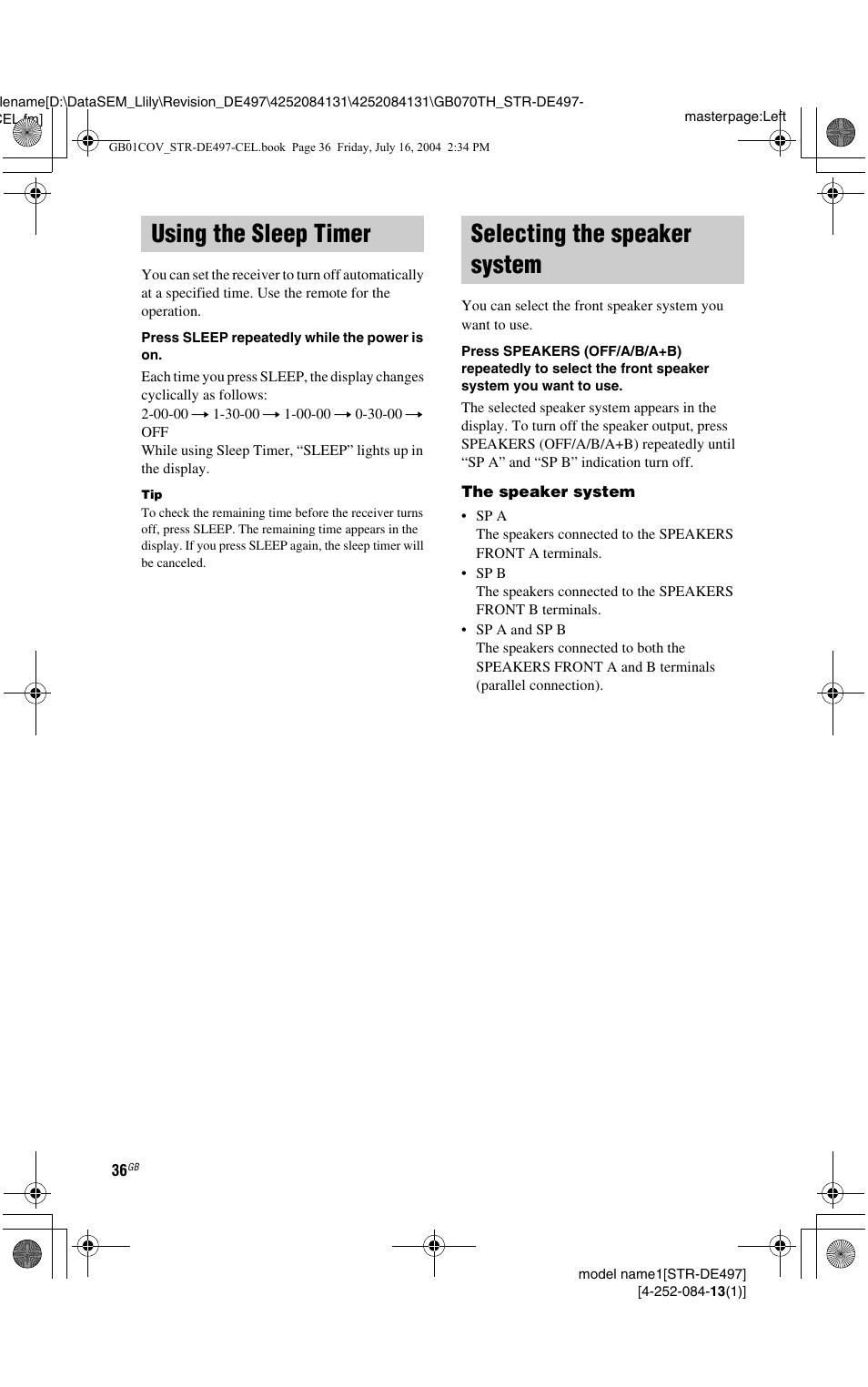 Using the sleep timer, Selecting the speaker system, Using the sleep timer selecting the speaker system | Sony STR-DE497 User Manual | Page 36 / 51