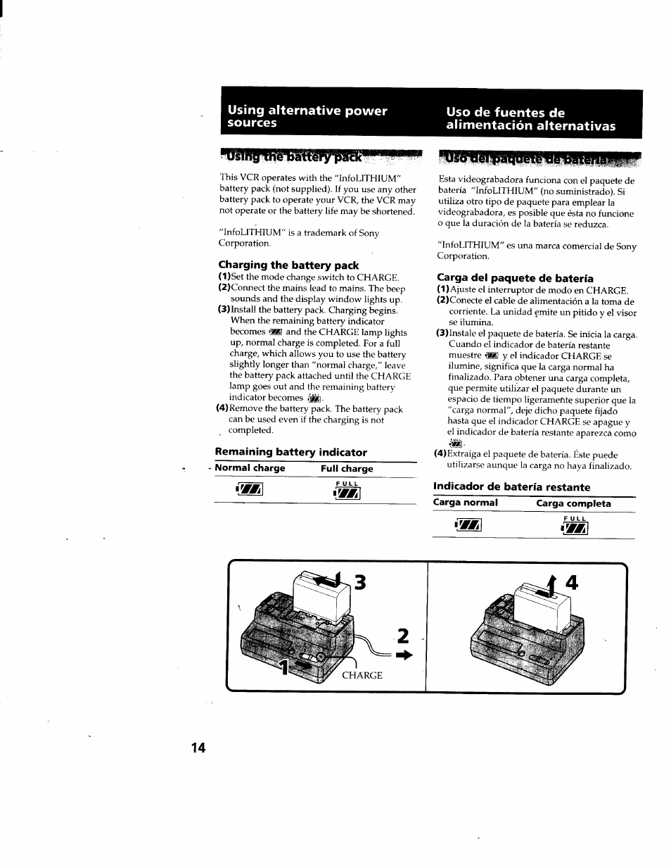 Using alternative power sources, Isiin, Charging the battery pack | Remaining battery indicator, Carga del paquete de batería, Indicador de batería restante | Sony GV-D900 User Manual | Page 14 / 88