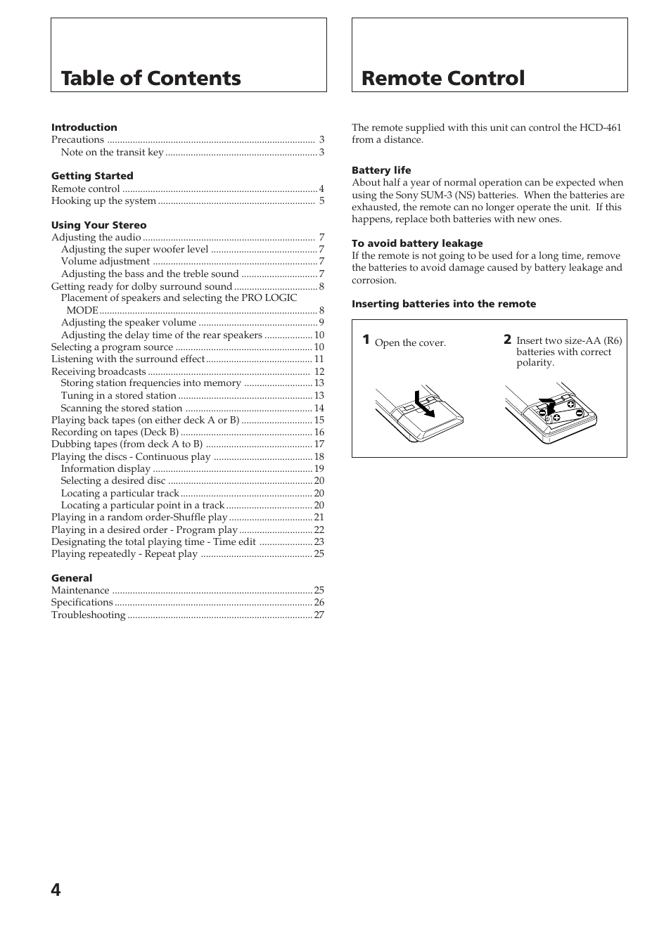 Table of contents remote control | Sony SPK-HCD User Manual | Page 4 / 28