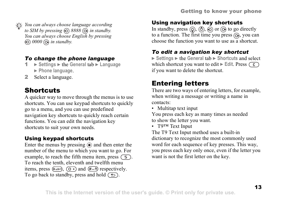 Shortcuts, Entering letters | Sony K608i User Manual | Page 13 / 96
