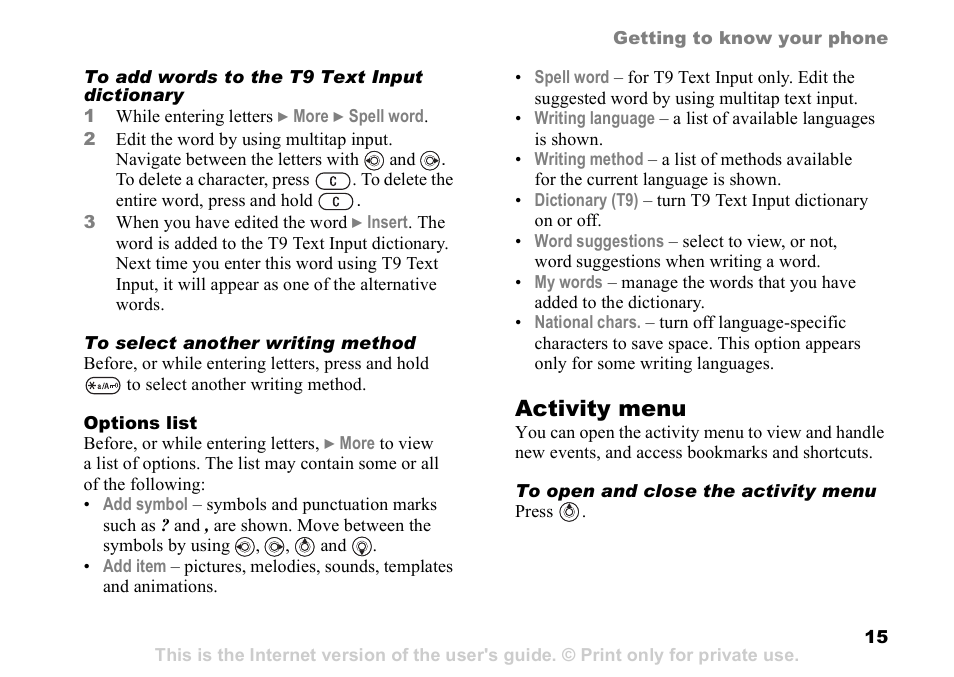 Activity menu | Sony K608i User Manual | Page 15 / 96