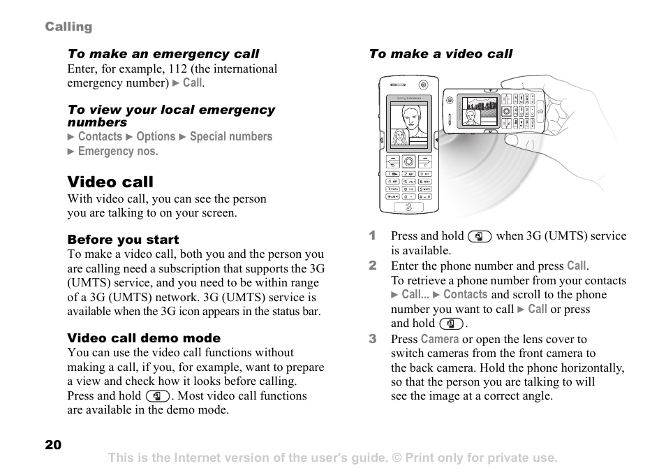 20 video call, Video call | Sony K608i User Manual | Page 20 / 96