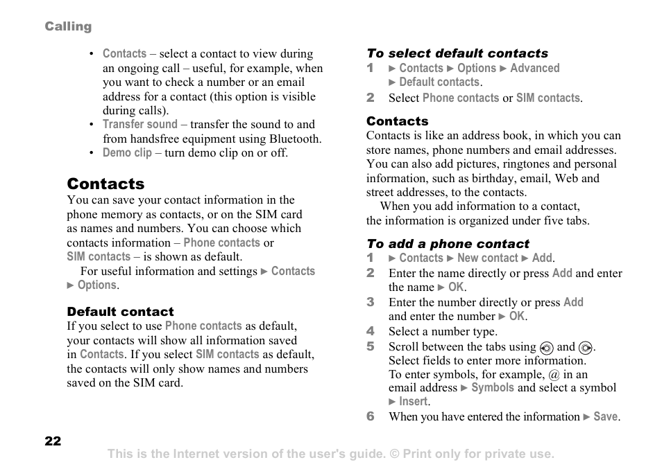 22 contacts, Contacts | Sony K608i User Manual | Page 22 / 96