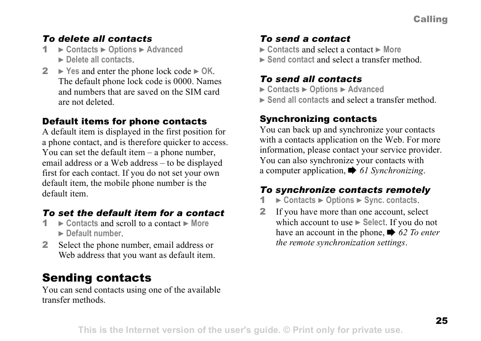 Sending contacts | Sony K608i User Manual | Page 25 / 96