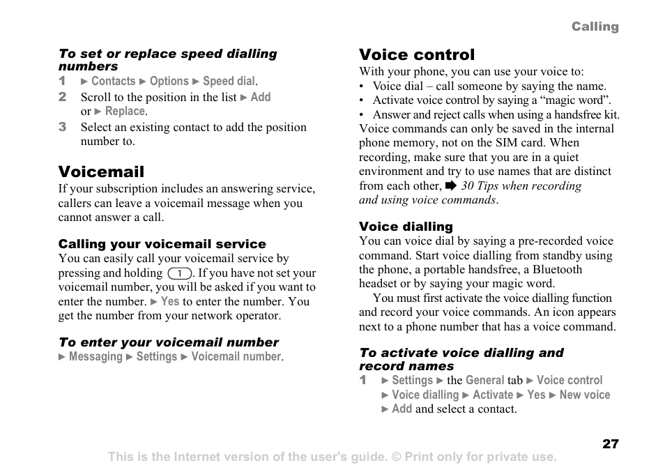 27 voice control, Voicemail, Voice control | Sony K608i User Manual | Page 27 / 96