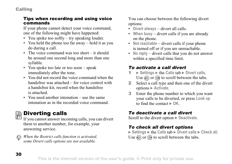 30 tips when recording, And using voice commands, Diverting calls | Sony K608i User Manual | Page 30 / 96