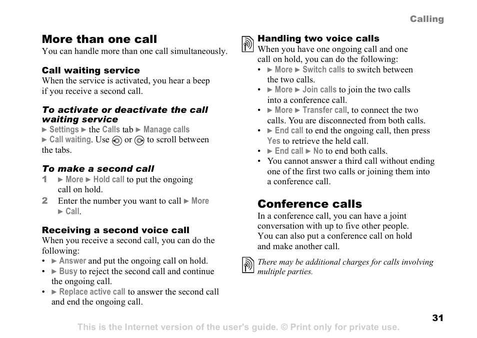 More than one call, Conference calls | Sony K608i User Manual | Page 31 / 96