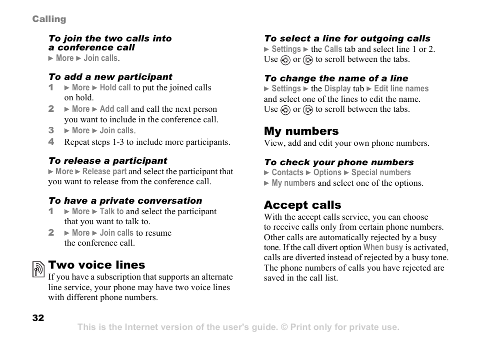 Two voice lines, My numbers, Accept calls | Sony K608i User Manual | Page 32 / 96