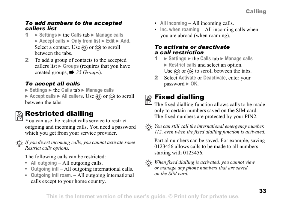 Restricted dialling, Fixed dialling | Sony K608i User Manual | Page 33 / 96