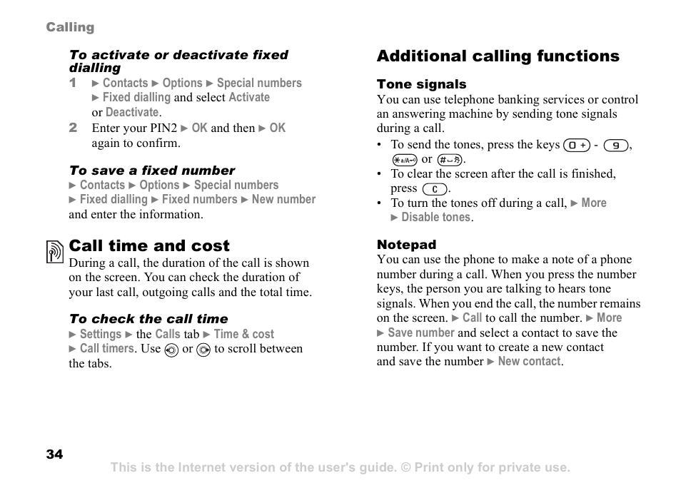 Call time and cost, Additional calling functions | Sony K608i User Manual | Page 34 / 96