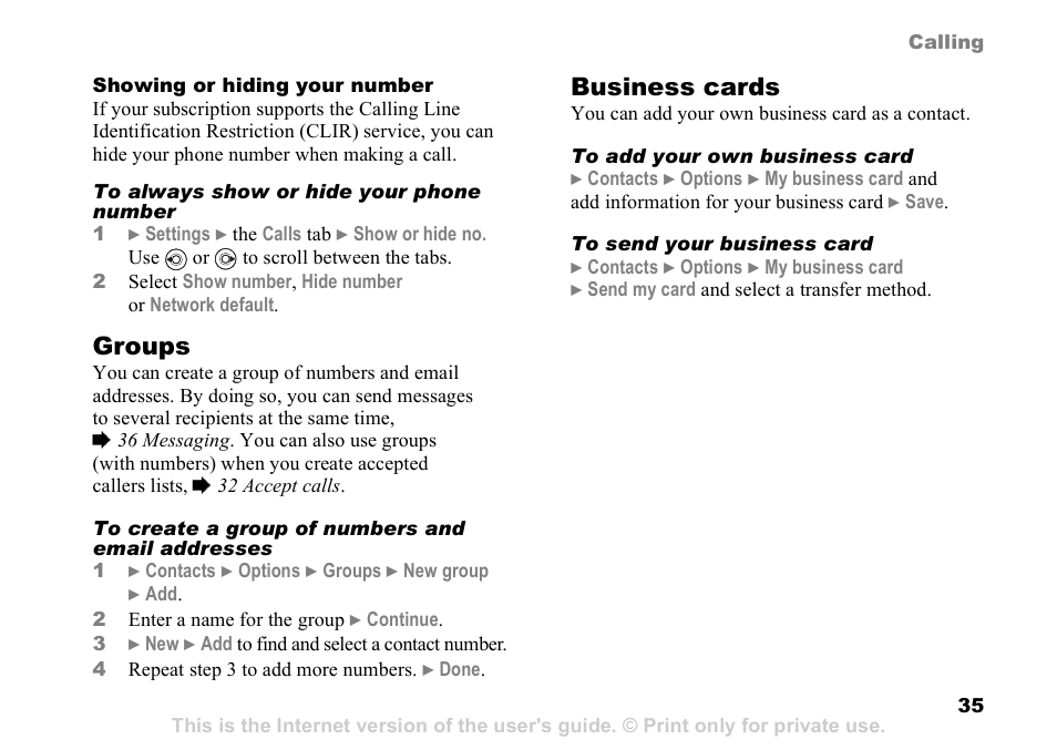 Groups, Business cards | Sony K608i User Manual | Page 35 / 96