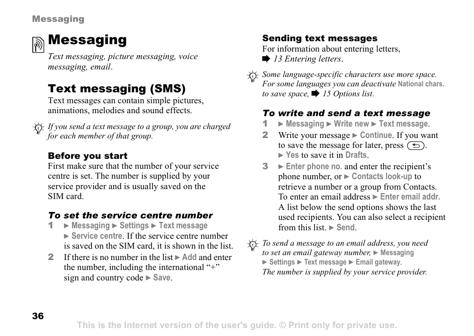 Messaging, 36 messaging, Text messaging (sms) | Sony K608i User Manual | Page 36 / 96