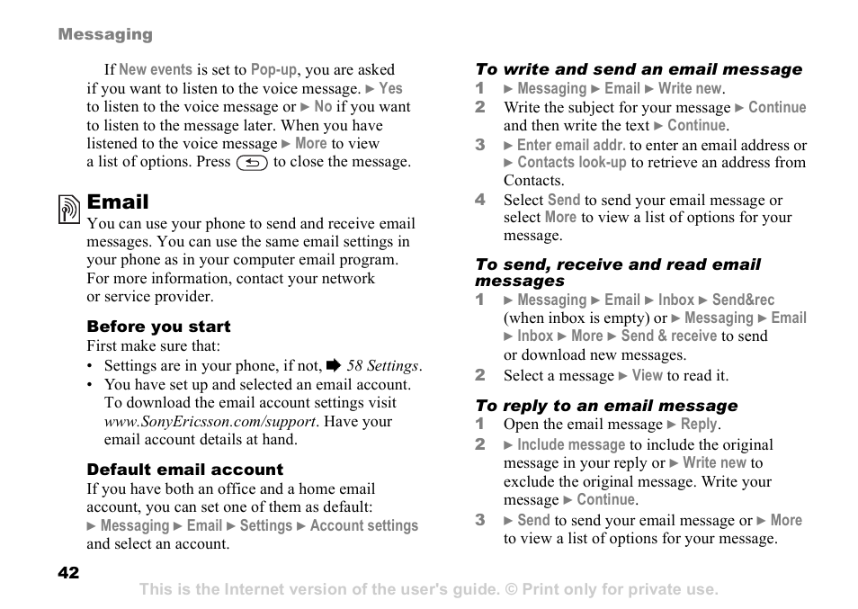 Email | Sony K608i User Manual | Page 42 / 96