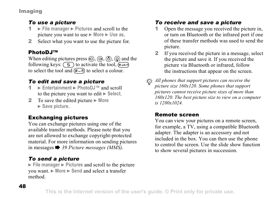 48 exchanging pictures | Sony K608i User Manual | Page 48 / 96