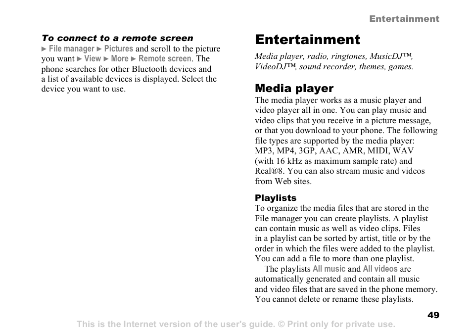 Entertainment, Media player | Sony K608i User Manual | Page 49 / 96