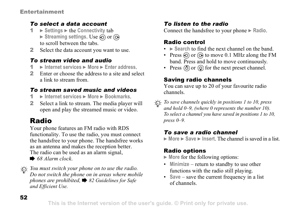 Radio | Sony K608i User Manual | Page 52 / 96