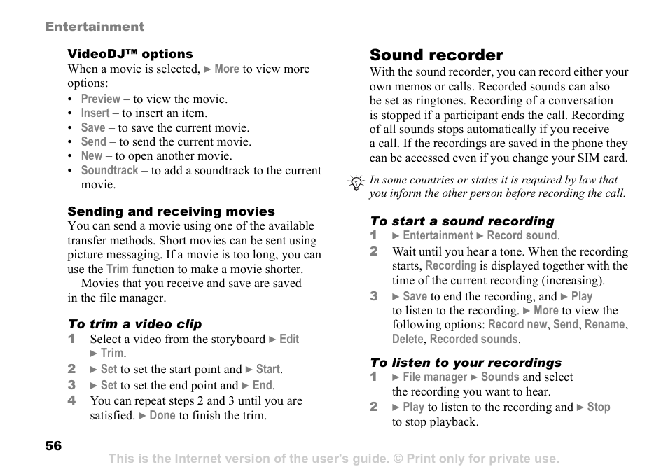 56 to start a sound recording, Sound recorder | Sony K608i User Manual | Page 56 / 96