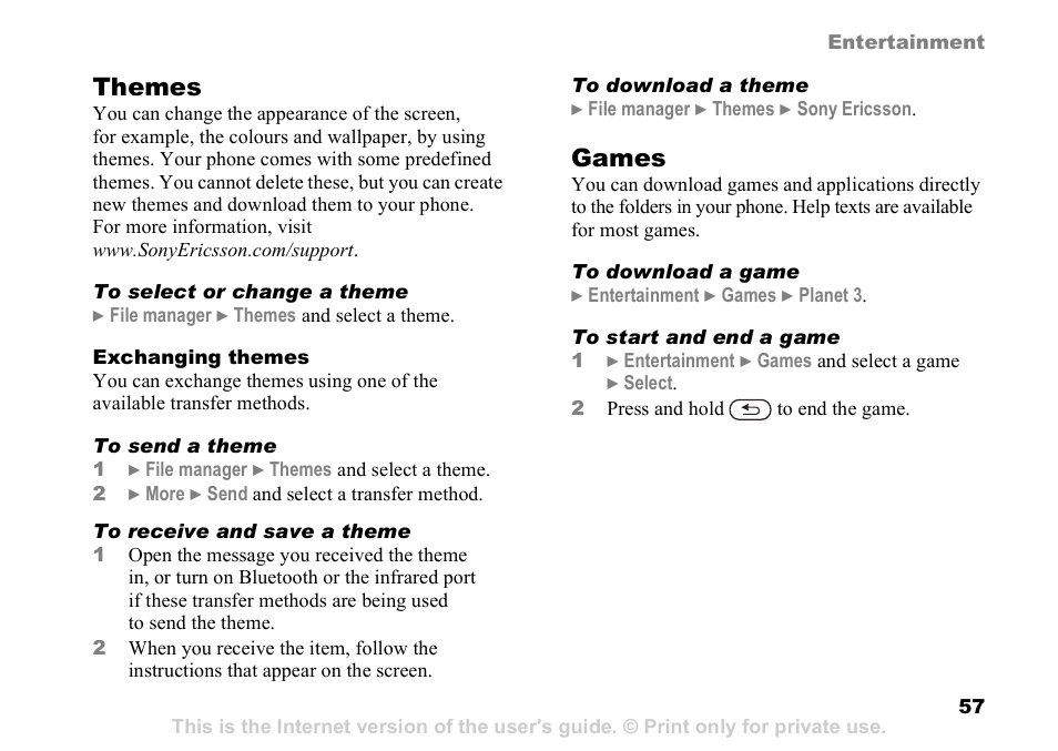 Themes, Games | Sony K608i User Manual | Page 57 / 96