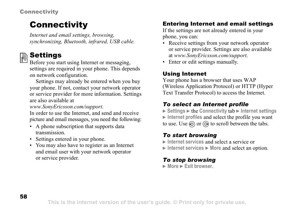 Connectivity, 58 settings, Settings | Sony K608i User Manual | Page 58 / 96