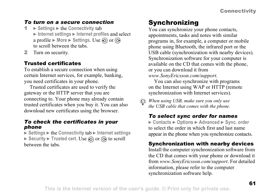 61 synchronizing, Synchronizing | Sony K608i User Manual | Page 61 / 96