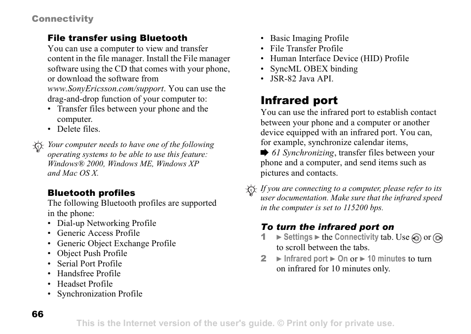 66 file transfer using, Bluetooth an, 66 file transfer using bluetooth | Infrared port | Sony K608i User Manual | Page 66 / 96