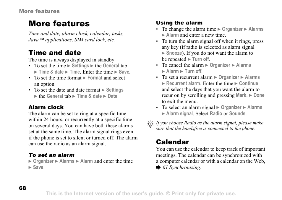 More features, 68 alarm clock, Time and date | Calendar | Sony K608i User Manual | Page 68 / 96