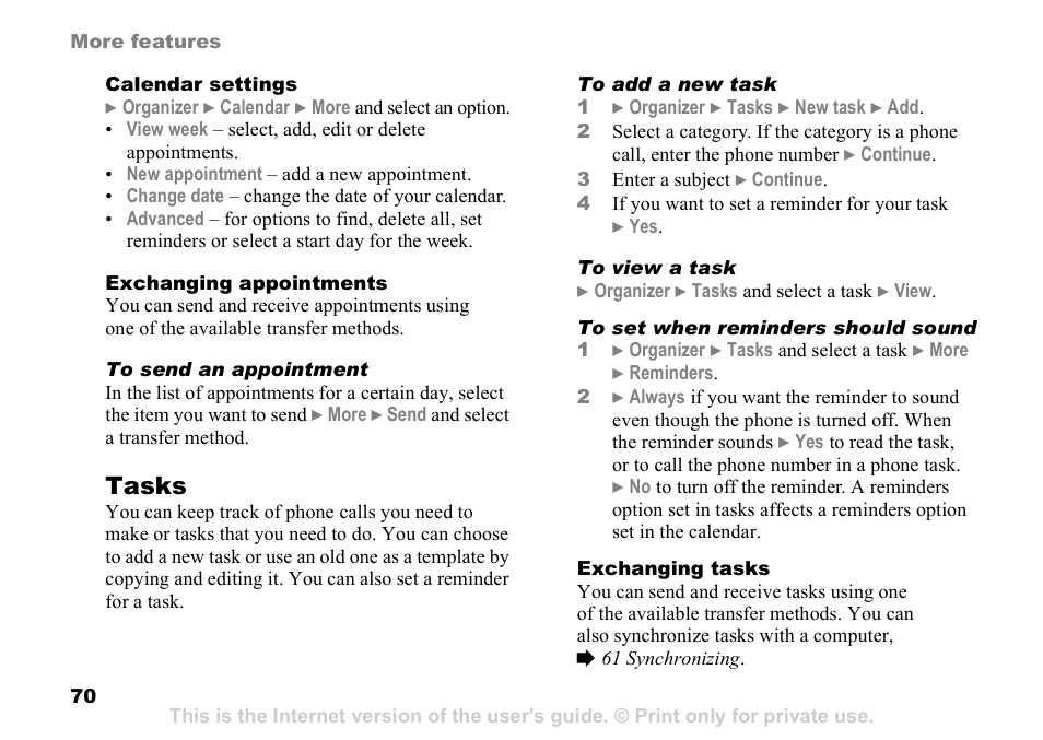 Tasks | Sony K608i User Manual | Page 70 / 96