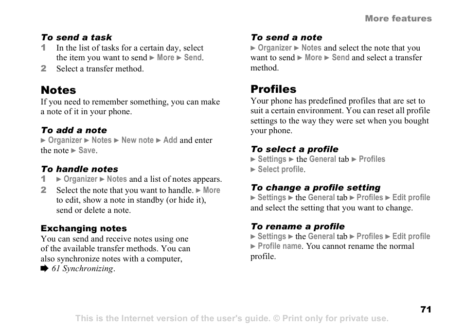 Profiles | Sony K608i User Manual | Page 71 / 96