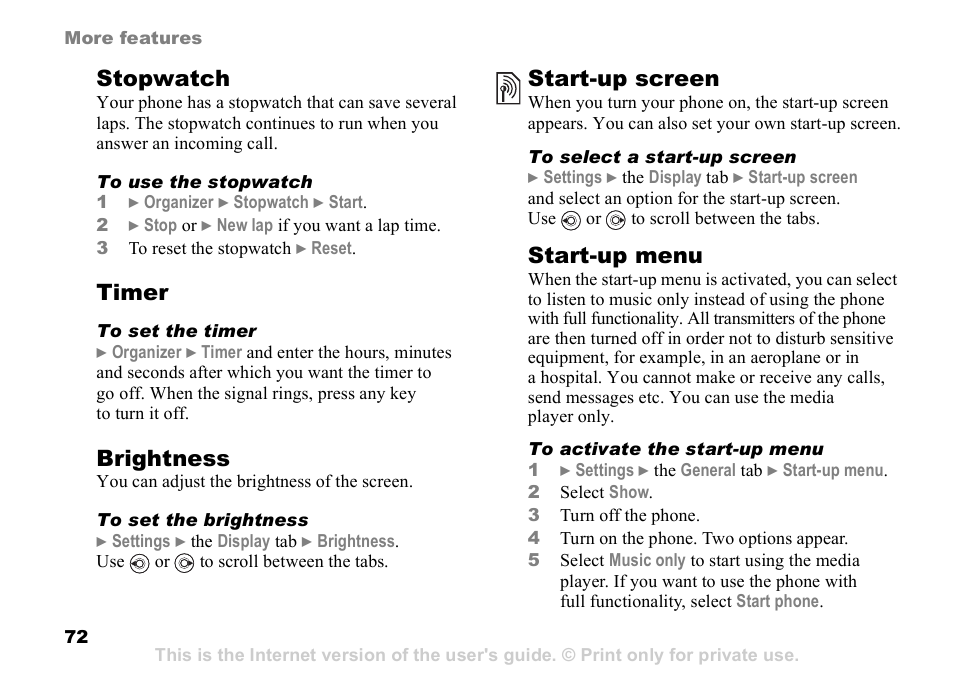 Stopwatch, Timer, Brightness | Start-up screen, Start-up menu | Sony K608i User Manual | Page 72 / 96