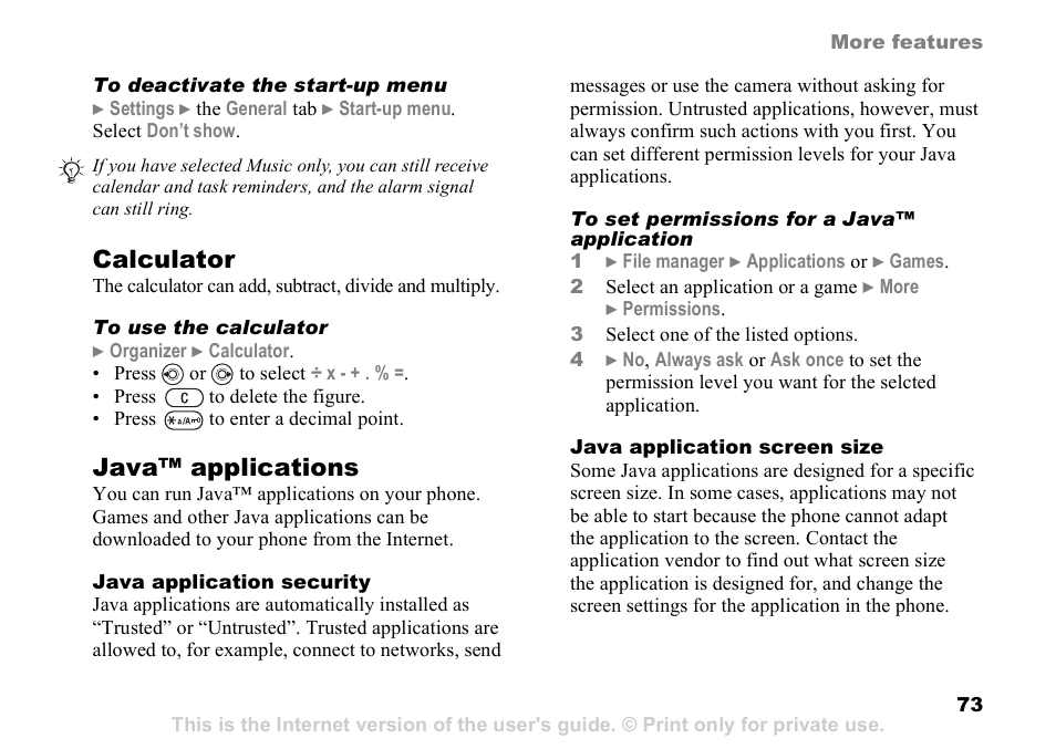 Calculator, Java™ applications | Sony K608i User Manual | Page 73 / 96