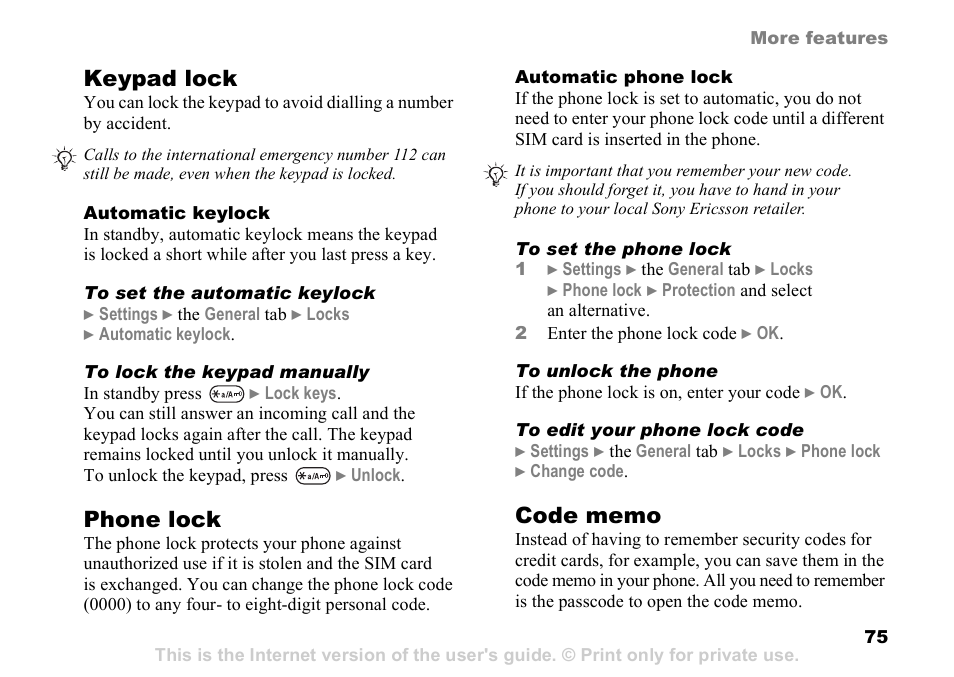 Keypad lock, Phone lock | Sony K608i User Manual | Page 75 / 96