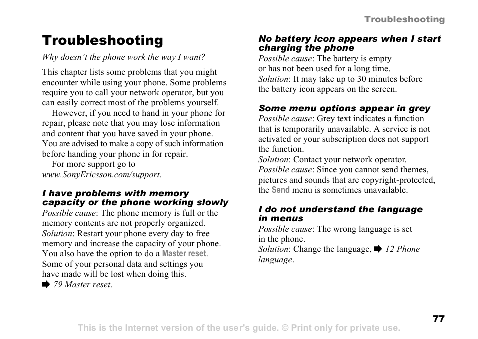 Troubleshooting | Sony K608i User Manual | Page 77 / 96