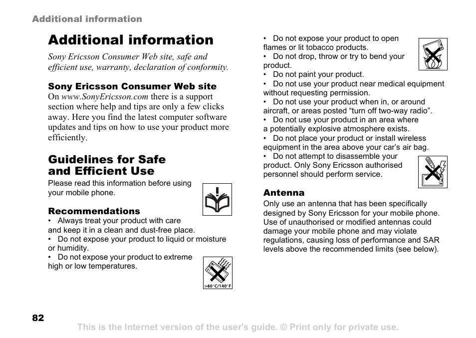 Additional information, 82 guidelines for safe, And efficient use | Guidelines for safe and efficient use | Sony K608i User Manual | Page 82 / 96